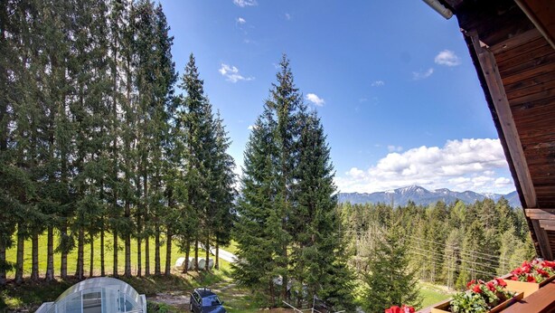 A wooden deck with flower planters, a swimming pool, and a view of a forest and mountains. - Apartment in Mooswald in Carinthia With Pool (Fresach)