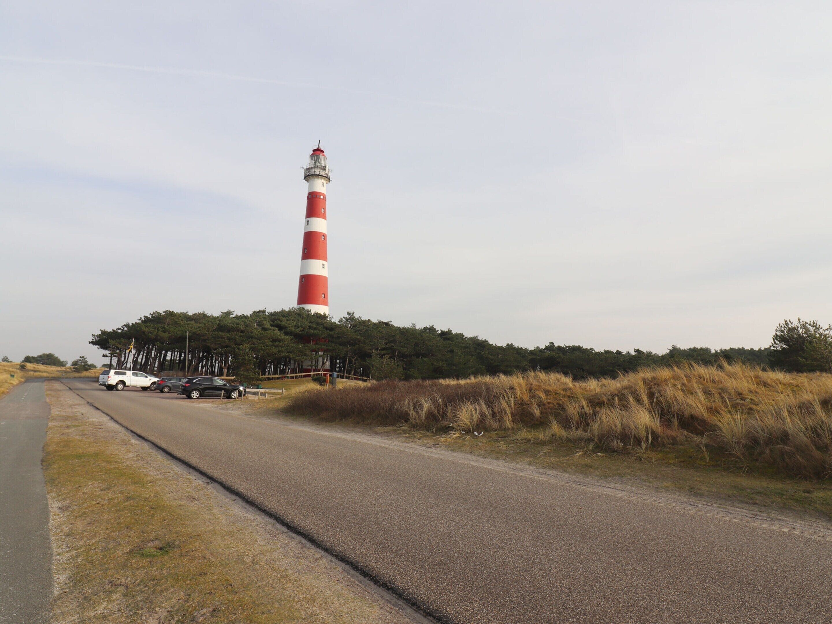 Un phare se dresse sur une colline herbeuse, avec une route goudronnée à ses côtés.
