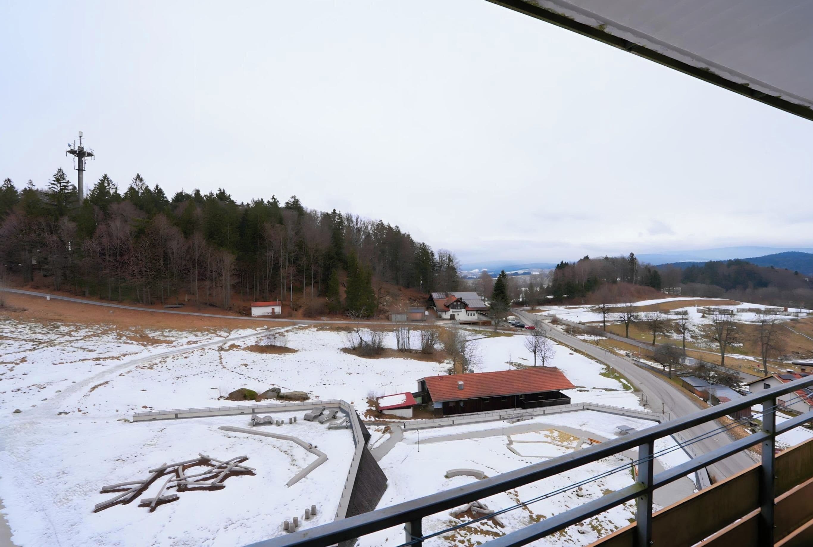 Un paysage enneigé avec une route, un bâtiment doté d’un toit rouge et une forêt en arrière-plan.