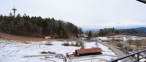 A snowy landscape with a road, a building with a red roof, and a forest in the background.