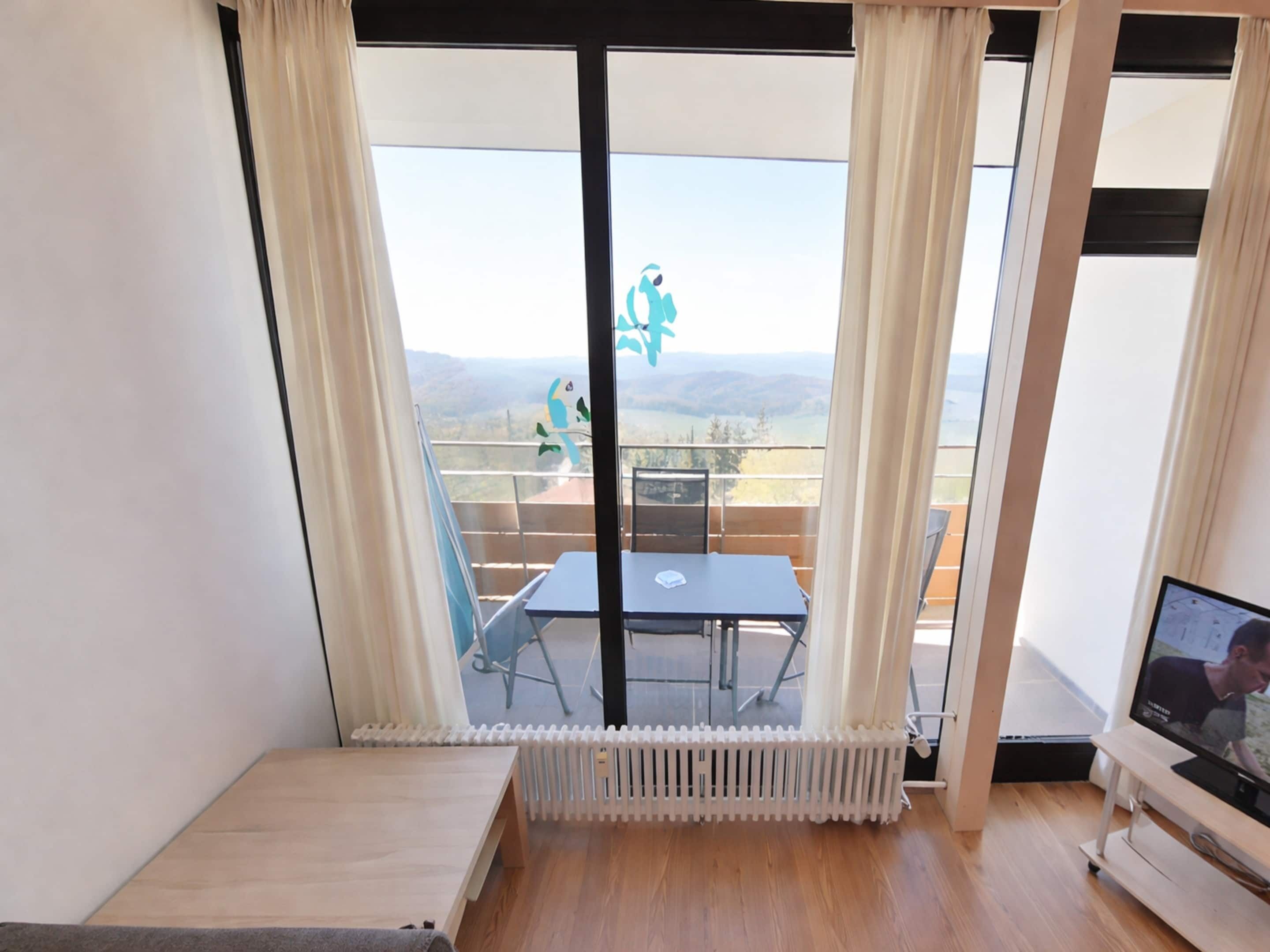 A room with a view of a balcony, a radiator, a table, and a TV.
