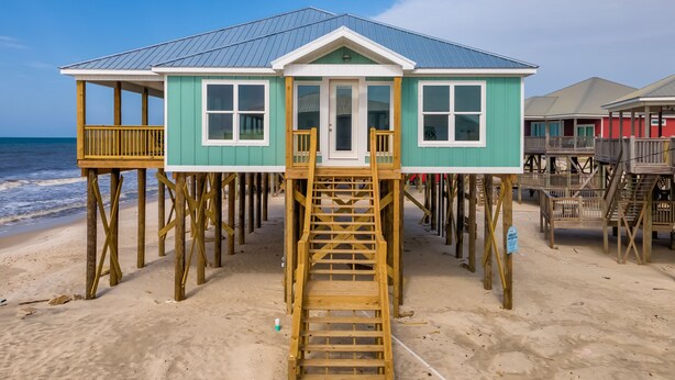 Una casa de playa de madera con una escalera que lleva a la entrada, construida sobre pilotes en la arena.