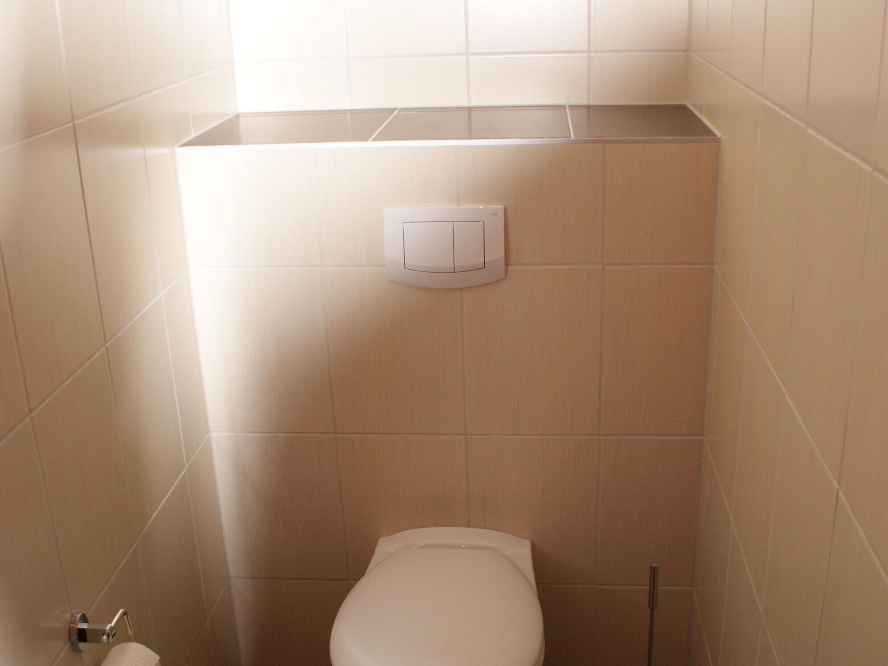 Een kleine, moderne badkamer met een toilet, een in de muur gemonteerd spoelmechanisme en een zichtbare toiletrolhouder.