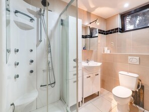 A modern bathroom with a glass-enclosed shower, a white sink, and a toilet. - Zoutleeuw Home With Pool (Zoutleeuw)