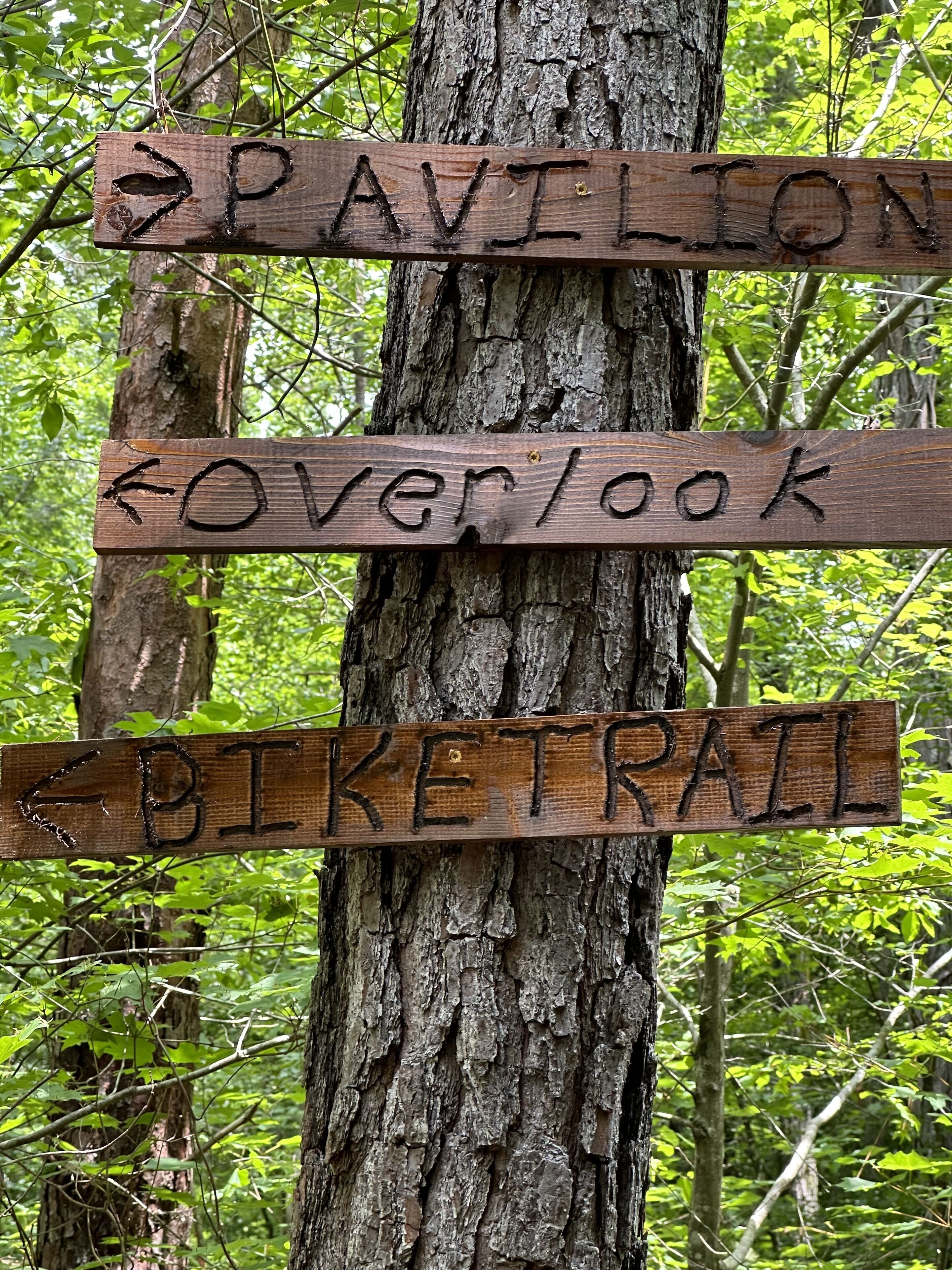Un panneau indicateur en bois indiquant les directions vers le « Pavillon », le « Belvédère » et la « Piste cyclable ».
