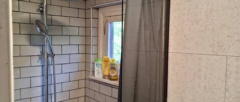 A shower with a rain showerhead, a window with a view, and toiletries on a shelf.