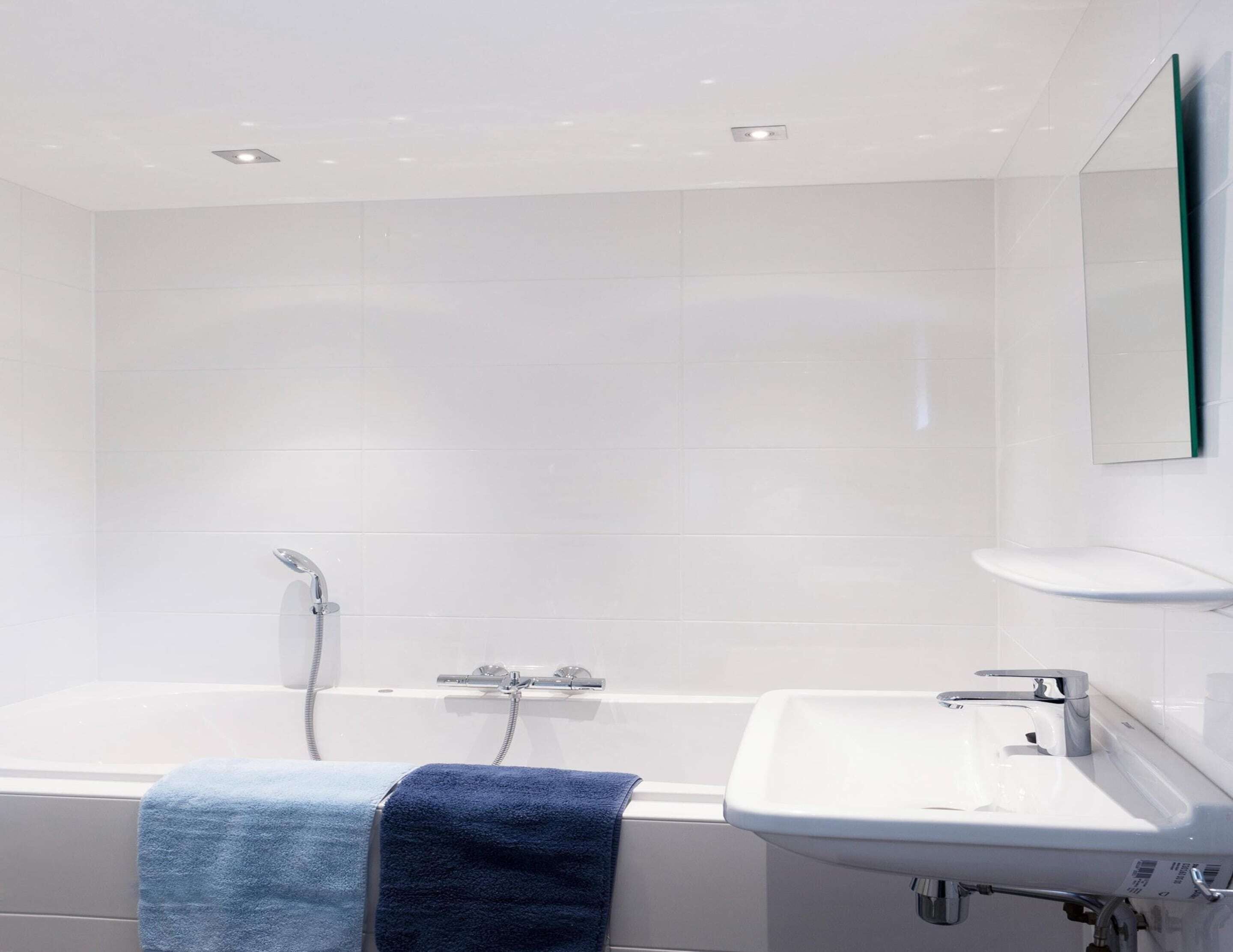 Un bagno moderno con una vasca, un lavandino e uno specchio.