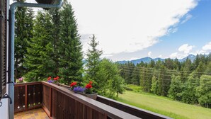 A balcony with a wooden railing, potted plants, and a view of a forest and mountains. - Apartment in Mooswald in Carinthia With Pool (Fresach)