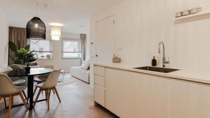 Una cucina moderna con lavello integrato, un'area pranzo con tavolo e sedie, e un soggiorno con divano e una pianta.