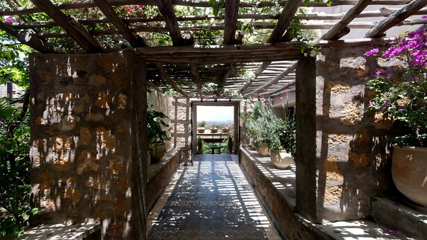Un sendero de piedra lleva a una zona cubierta con una mesa y sillas, rodeada de macetas con plantas y flores.