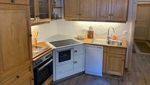 A compact kitchen with wooden cabinets, a built-in oven, a dishwasher, and a stainless steel sink.