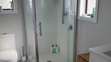 Shower, hair dryer, towels, toilet paper