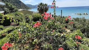 A lush garden with vibrant pink flowers in the foreground, a clear blue sky, and a view of the sea with boats in the background. - Appealing Apartment in Mpenitses With Balcony (Corfu)