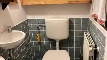 A small bathroom with a toilet, sink, and radiator.