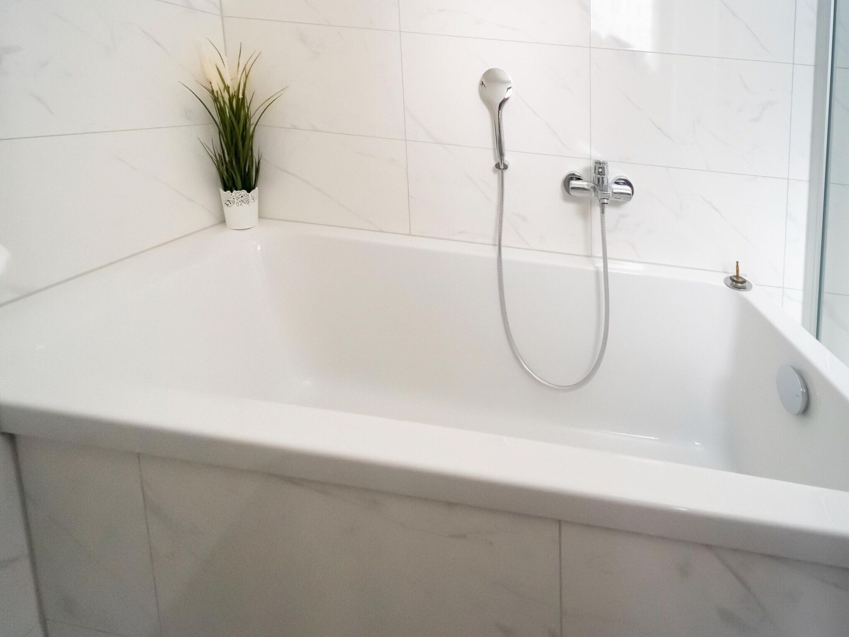 Uma casa de banho moderna com uma banheira branca, um chuveiro manual e uma planta em vaso.
