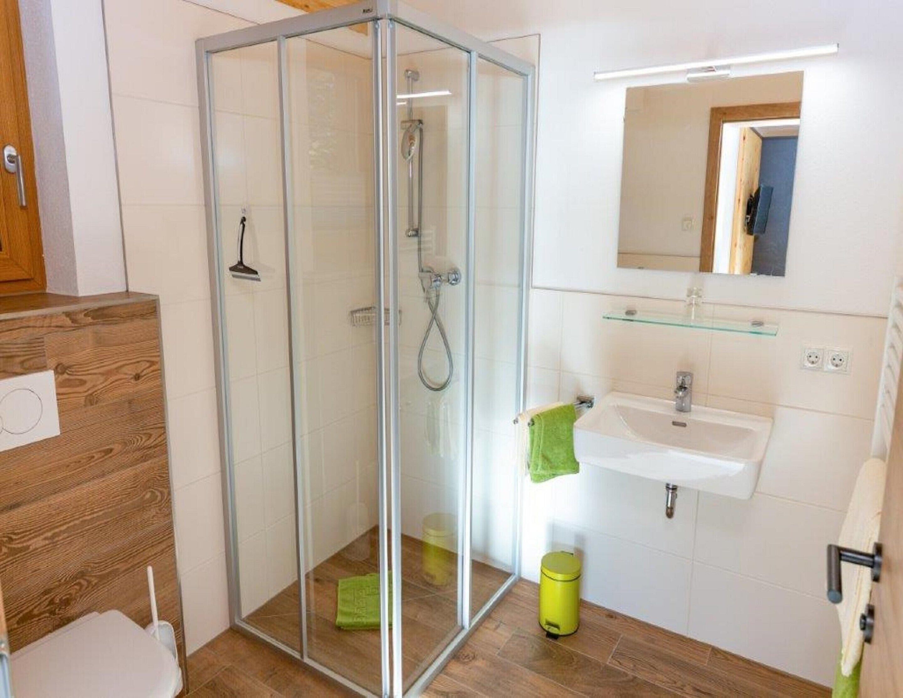 Un baño moderno con ducha de vidrio, un lavamanos blanco y un espejo encima.