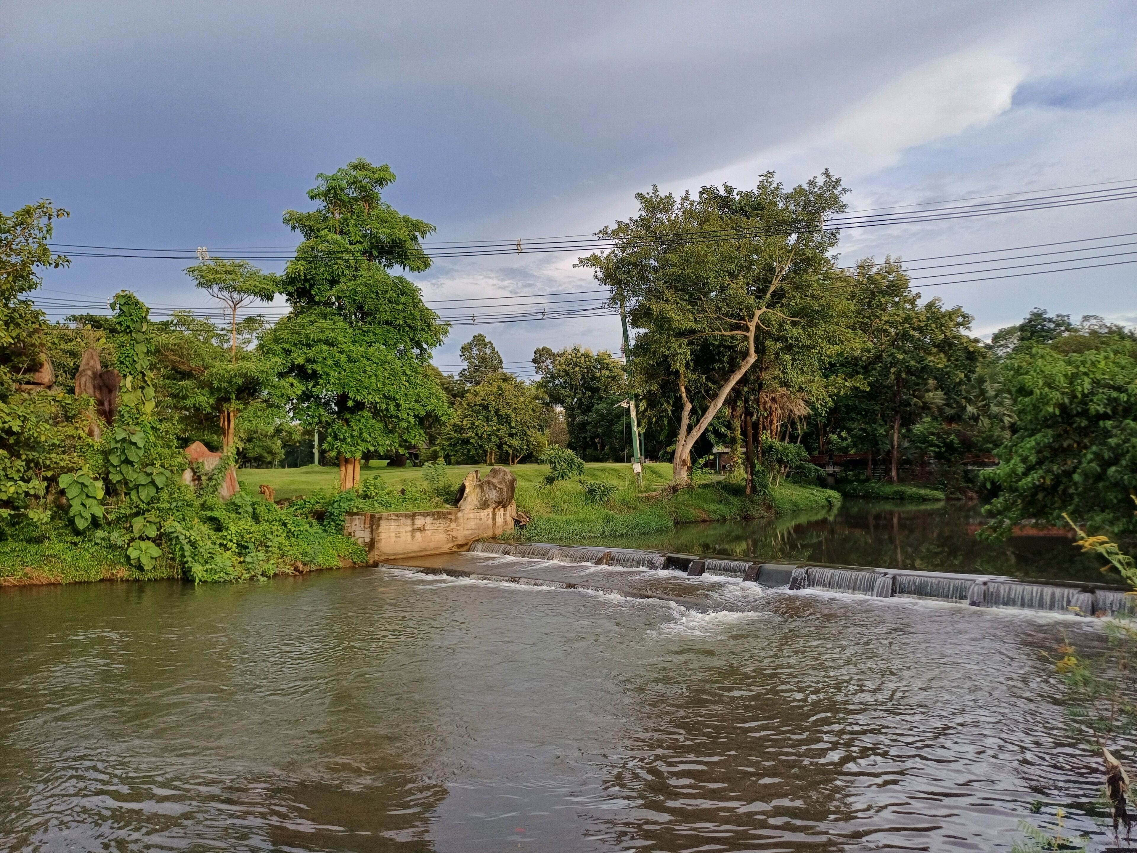 Un paisaje tranquilo a orillas del río, con una pequeña cascada, abundante vegetación y árboles.