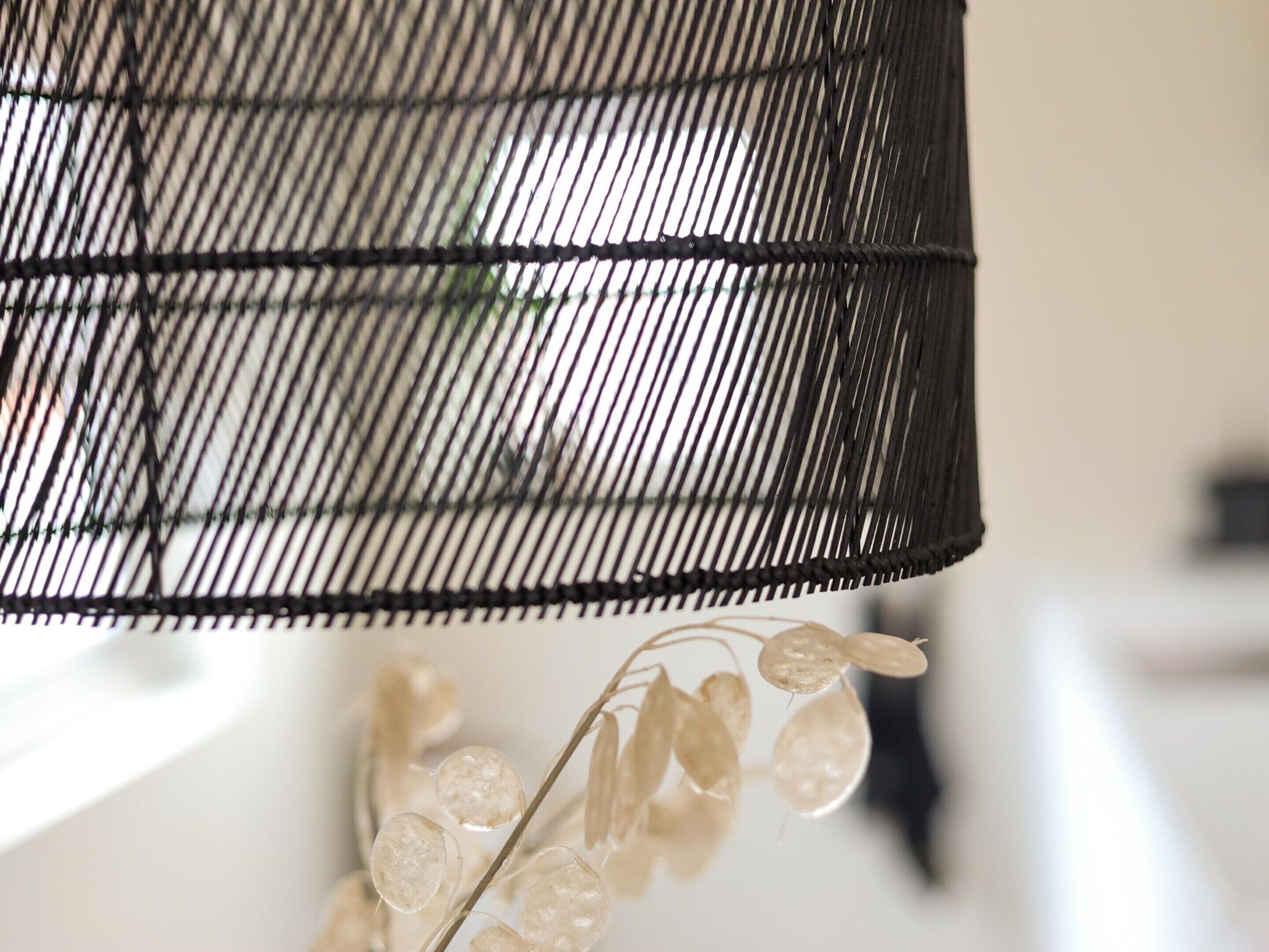 A close-up of a black wire mesh light fixture with a blurred background.