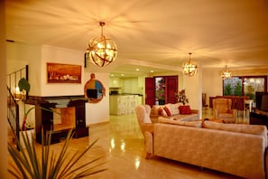 Luxury Villa, 5 Bedrooms, Private Pool | Living area | 82-inch LCD TV with satellite channels, TV, fireplace - Asfiya Villas (Kas)