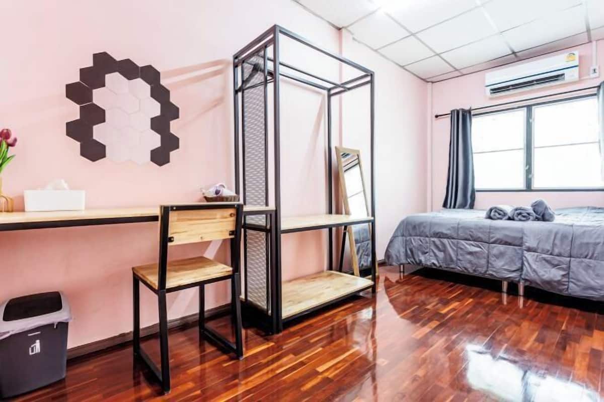 Desk, laptop workspace, blackout curtains, free WiFi