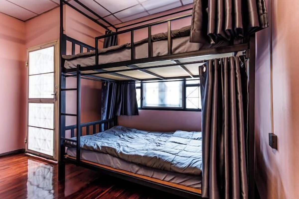 Desk, laptop workspace, blackout curtains, free WiFi