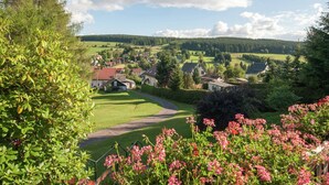 Uma vila rural com casas, uma estrada sinuosa e uma paisagem verde exuberante.