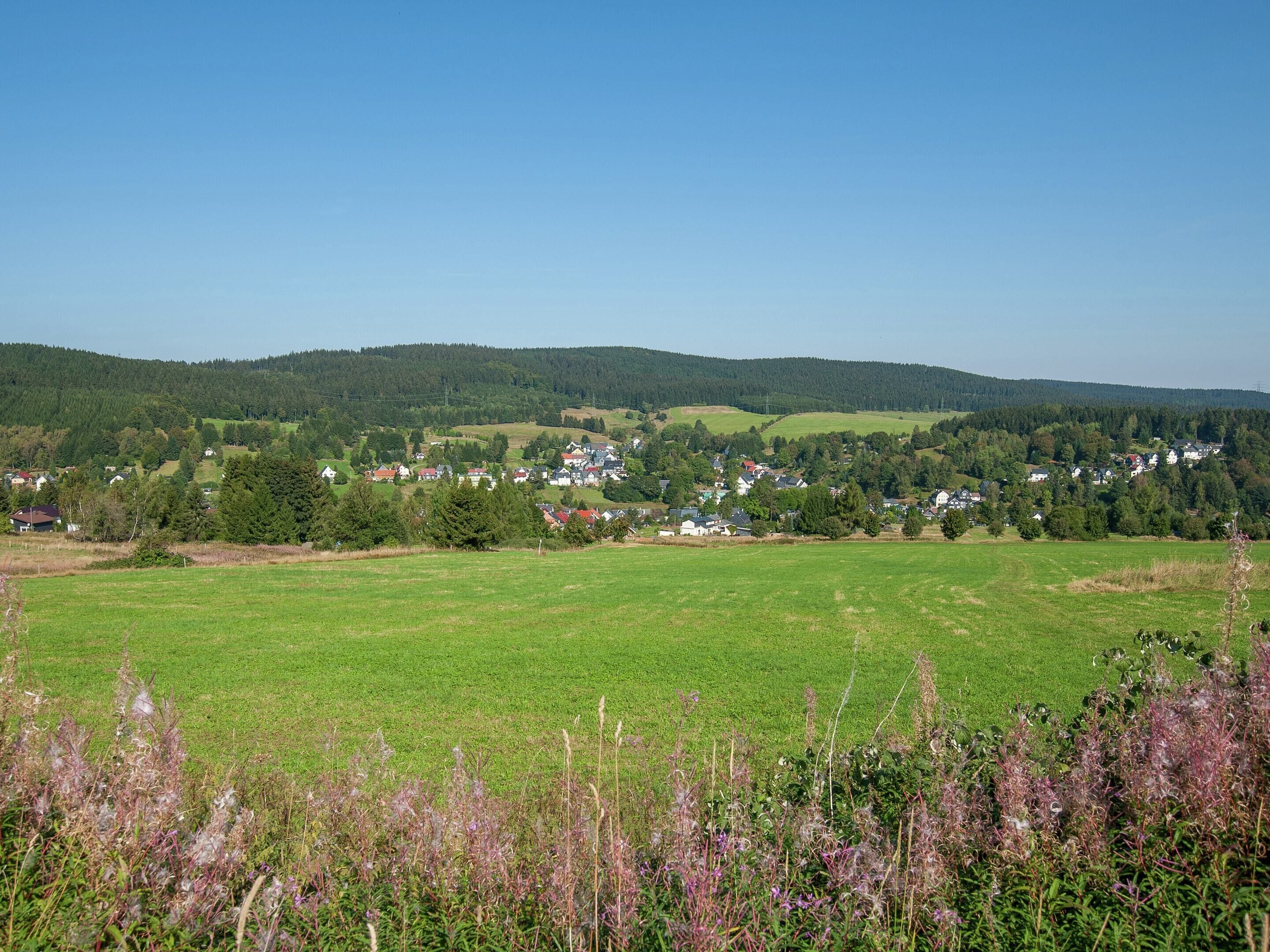 Un paysage rural avec un village, des champs verdoyants et des collines boisées.