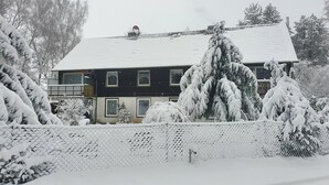 A two-story house with a snow-covered roof and surrounding trees. - Delightful Apartment in Goslar With Garden and Terrace (Goslar)