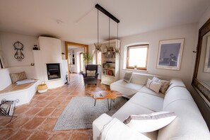 Smart TV, chimenea y libros