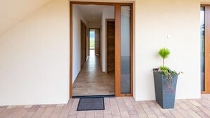 Ein moderner Flur mit einer Holztür, die zu einem Zimmer führt, einer Zimmerpflanze und Blick auf eine grüne Landschaft.