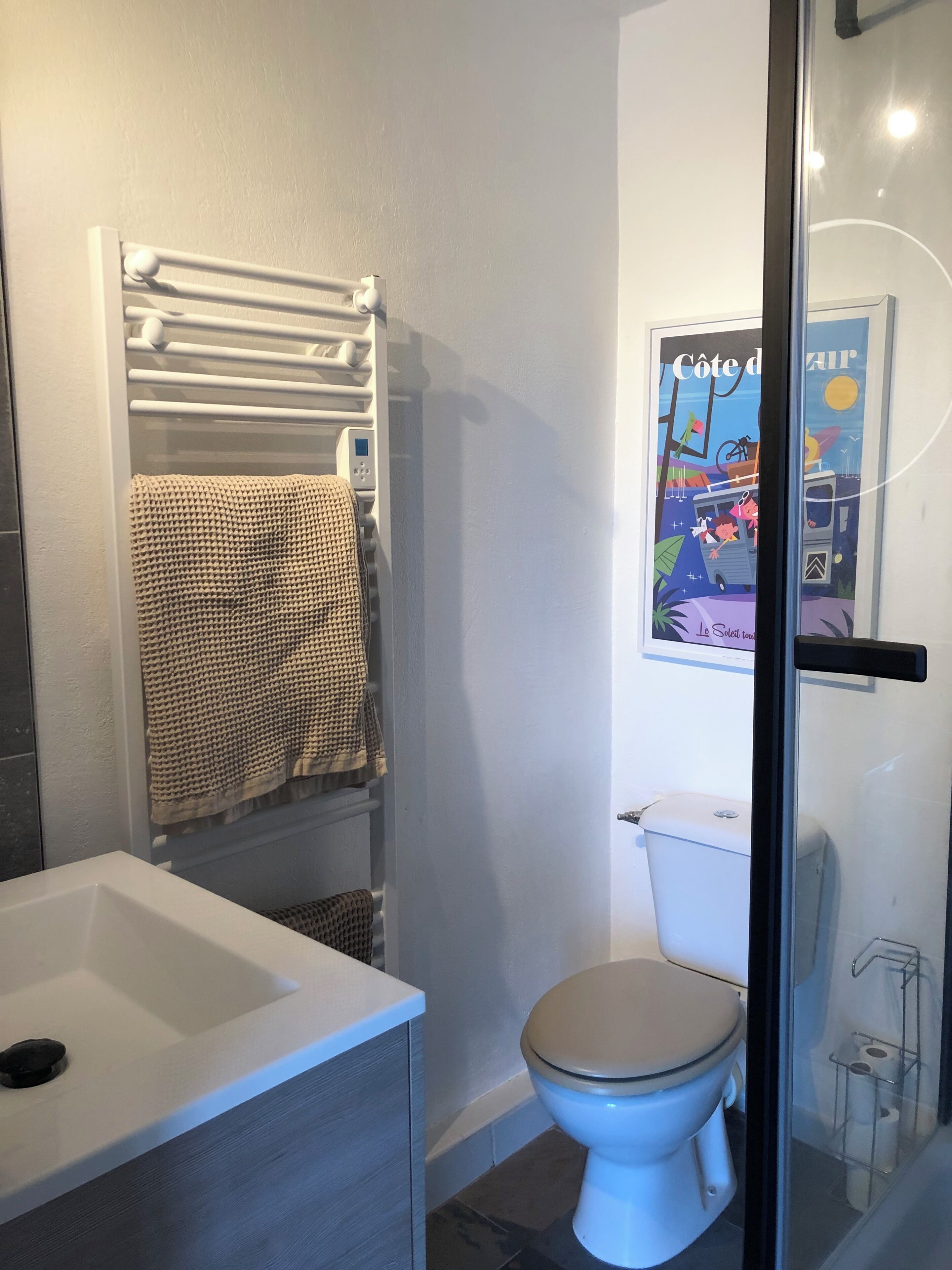A bathroom with a white toilet, a towel rack with a towel, a glass shower enclosure, and a poster on the wall.