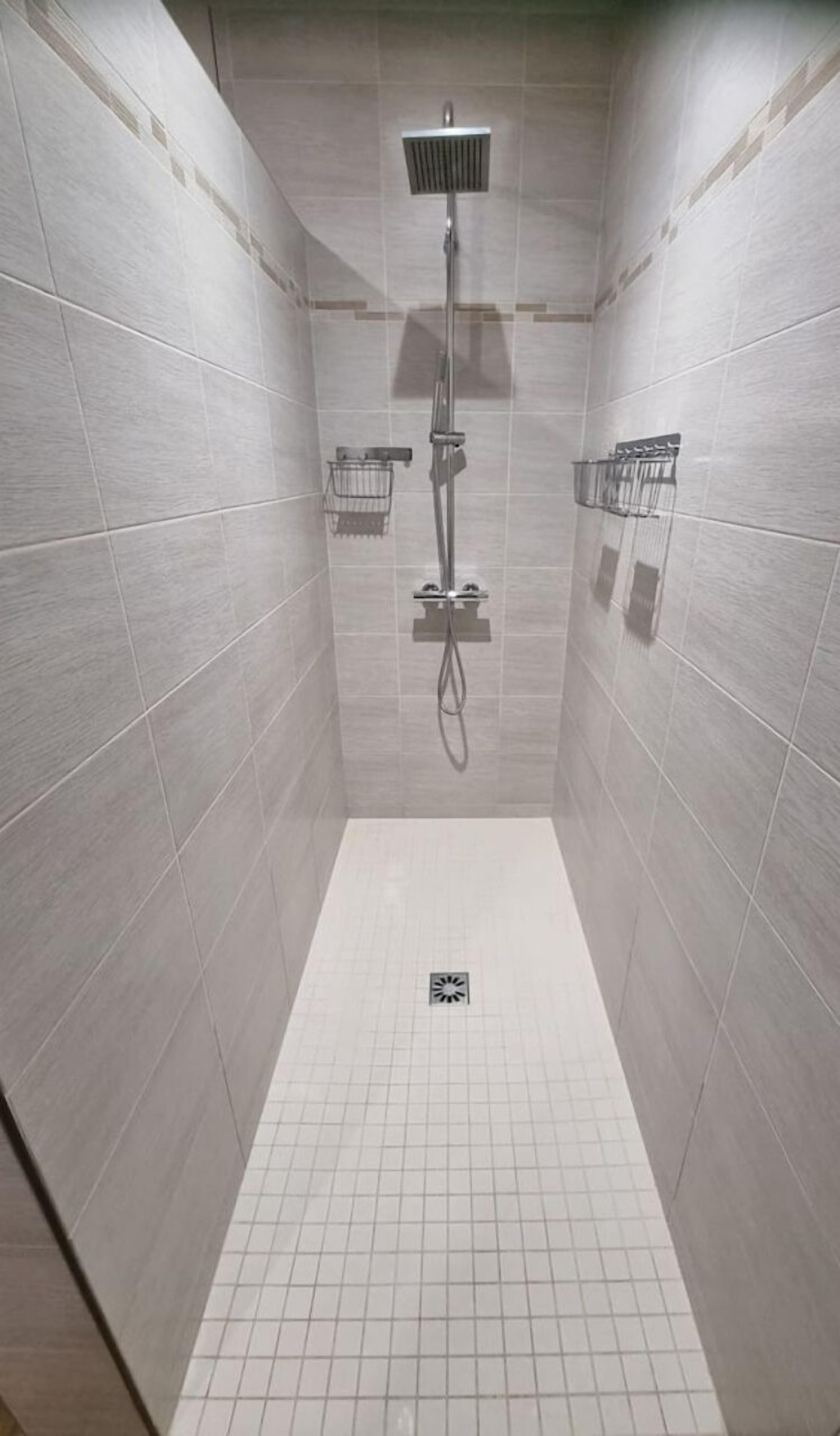 Shower, hair dryer, soap, toilet paper