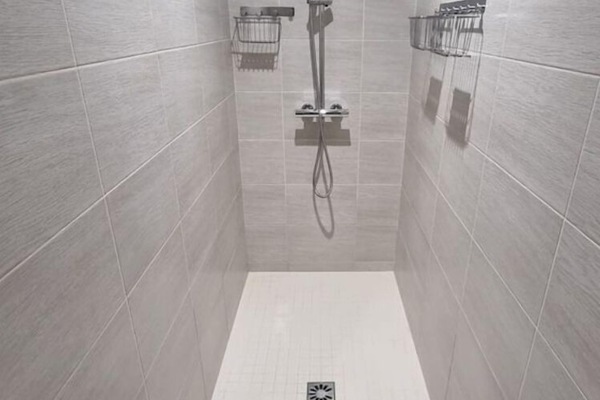 Shower, hair dryer, soap, toilet paper