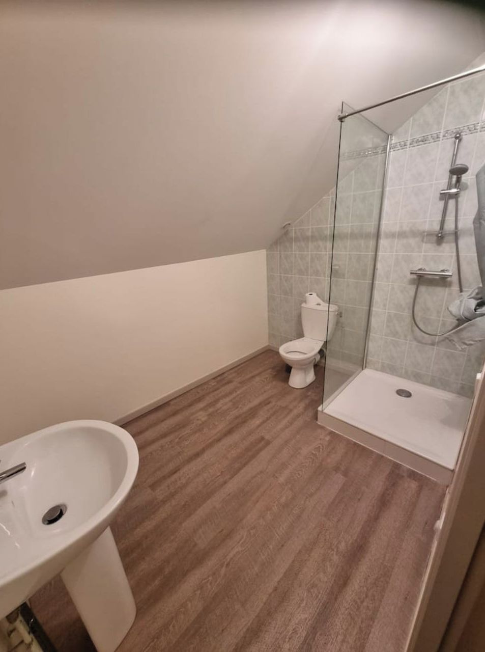 Un baño con ducha, inodoro y lavabo.
