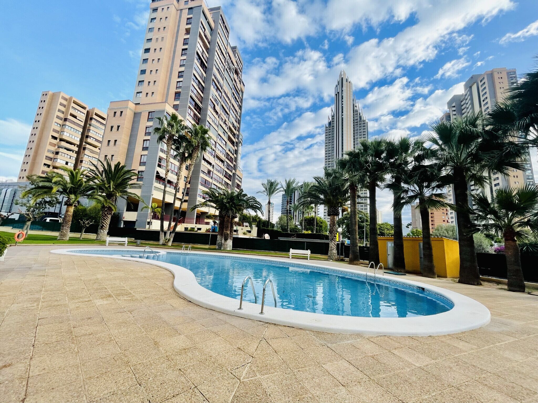 A swimming pool with a curved edge, surrounded by palm trees and a paved walkway.