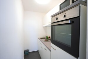 A compact kitchen with a built-in oven, a sink, and a trash bin. - Familienappartement Marianne mit Pool und Sauna (Freyung)