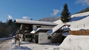 A chalet-style building with a sloped roof, a wooden fence, and a snow-covered driveway. - Hochkonig Holiday With Panoramic Views (Dienten am Hochkoenig)
