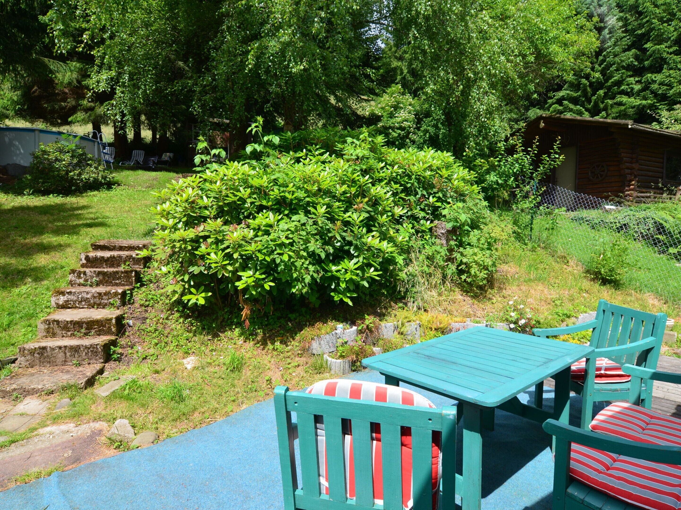 A patio area with a table and chairs, surrounded by greenery and a small wooden structure.