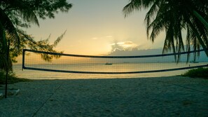 On the beach, sun-loungers, beach towels