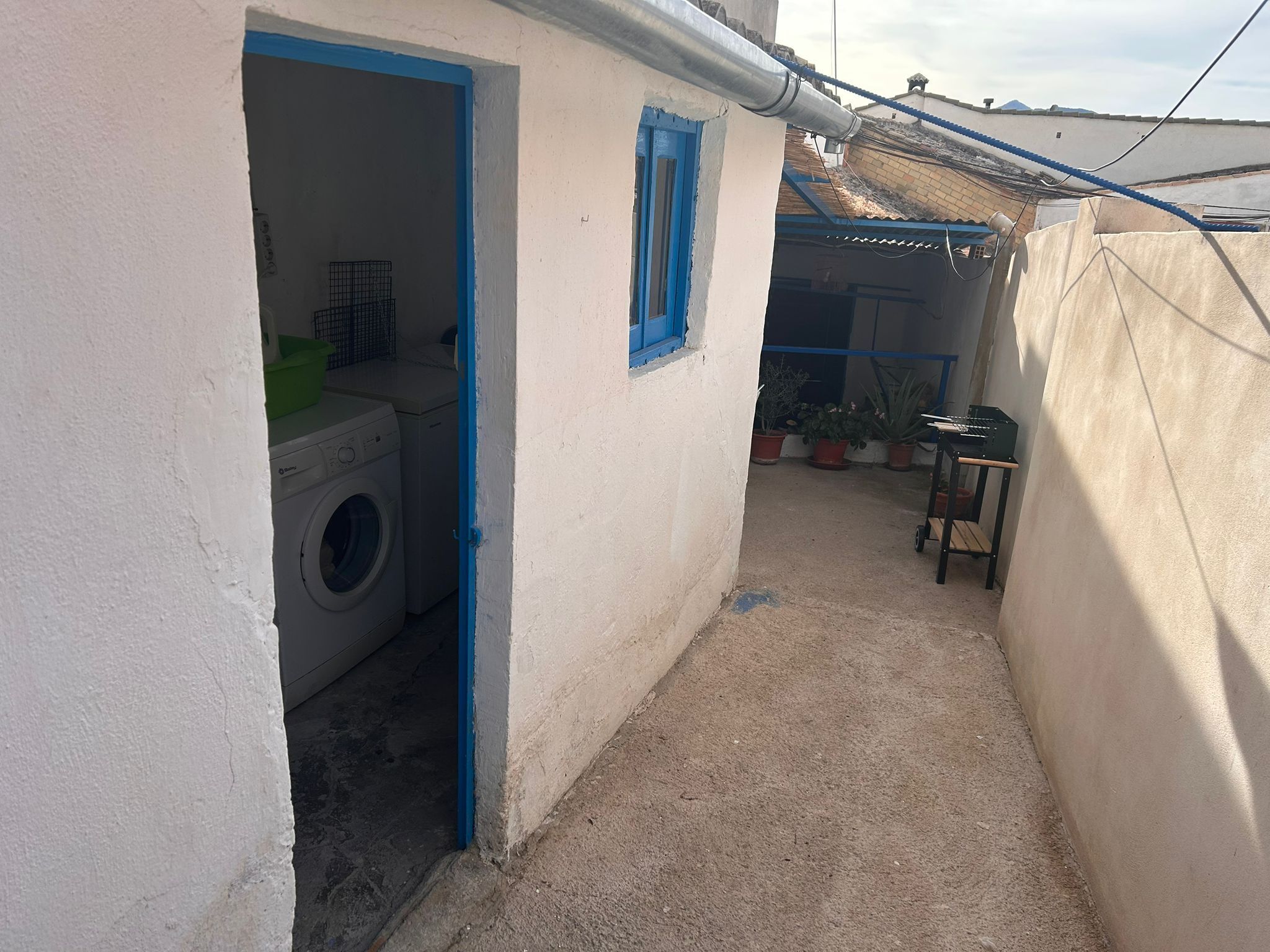 A narrow outdoor space with a washing machine, a blue door, and potted plants.