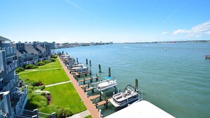 A marina with boats docked, a grassy area with a pathway, and a row of buildings with balconies.