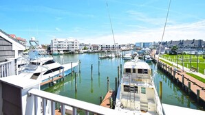 Un port de plaisance où sont amarrés de nombreux bateaux, un ciel dégagé et des bâtiments en arrière-plan.