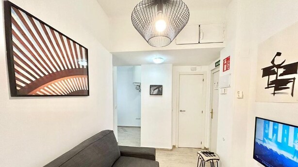 A room with a grey sofa, a TV, a framed artwork, and a door leading to another room. - Centro Ronda de Segovia Aparment (1 bedroom apartment) (Madrid)
