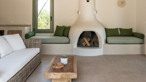 A cozy living room with a fireplace, a sofa, and a coffee table. - Dream villa (Vasilitsi)