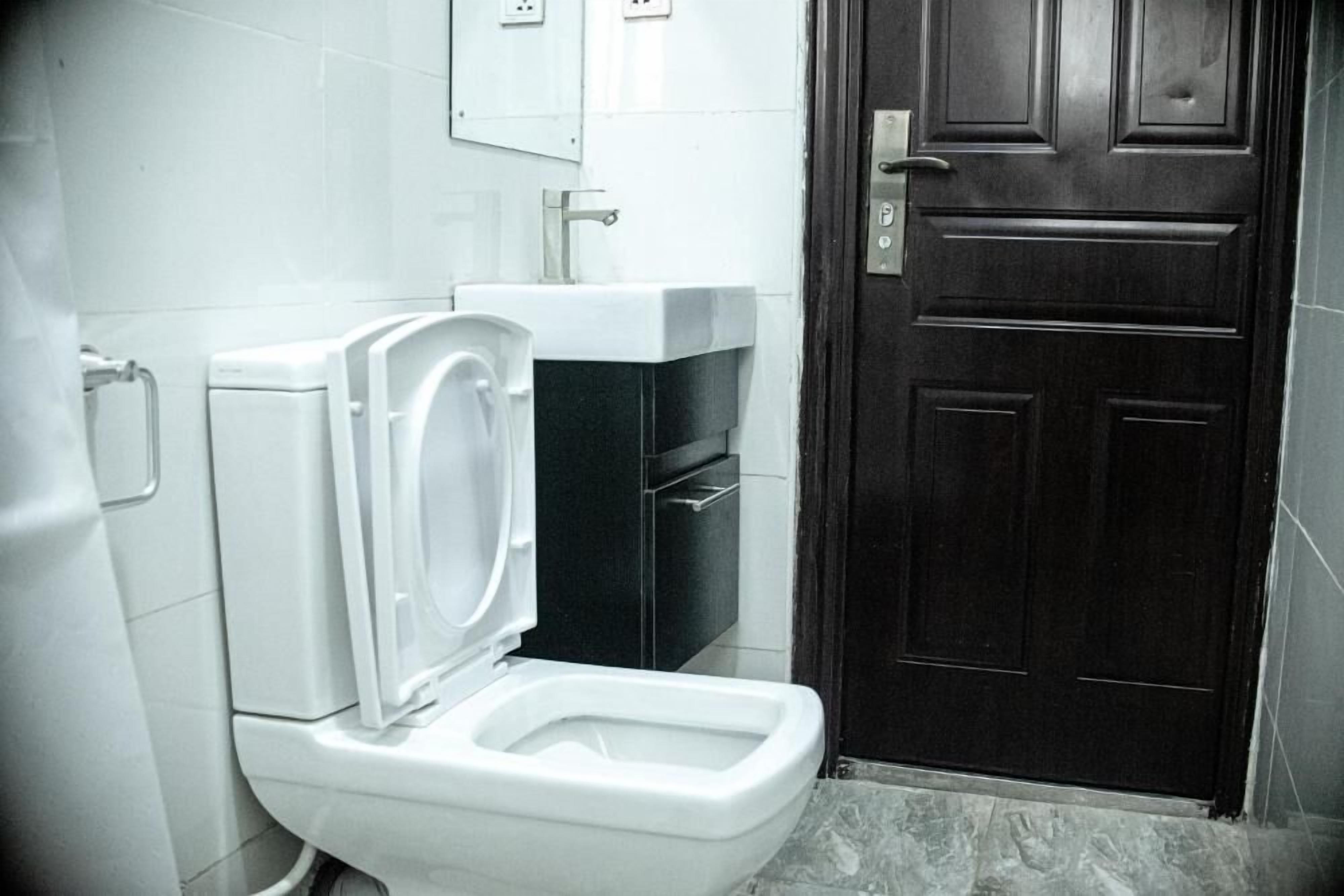 A compact bathroom with a toilet, a sink, and a dark wooden door.