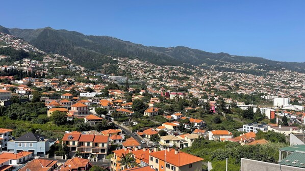 A residential area with houses on a hillside, surrounded by mountains.