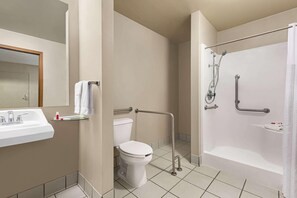 Une salle de bain équipée de toilettes, d’un lavabo et d’une douche.