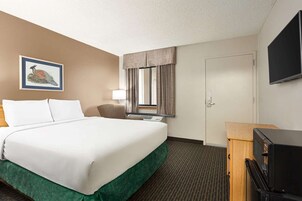 Una habitación de hotel con una cama, un escritorio, un televisor, una puerta y una ventana con cortinas.