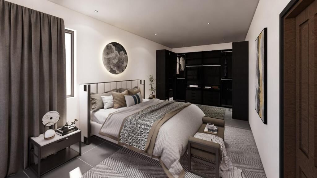 Un dormitorio moderno con una cama grande, mesitas de noche, un armario y un espejo.