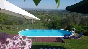 Ein rechteckiger Swimmingpool mit einer Holzterrasse, umgeben von einer Rasenfläche mit Blick auf eine entfernte Landschaft.